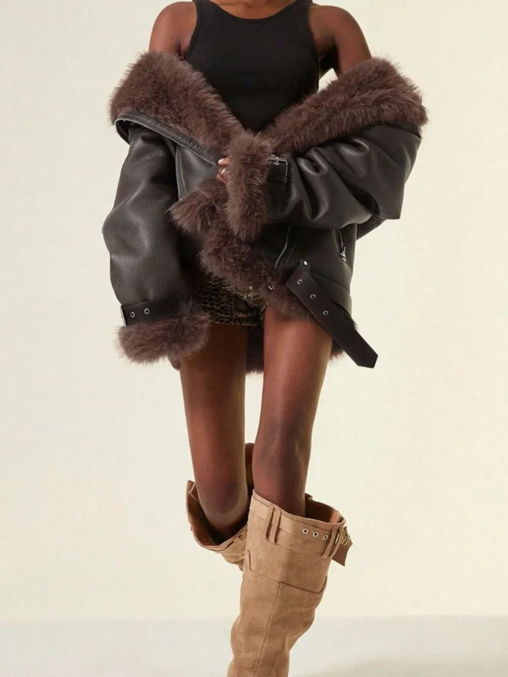 Coffee Brown Punk Women's Faux Fur Collar PU Jacket